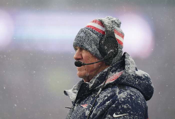 New England Patriots head coach Bill Belichick watches from the sideline as they take on the New York Jets at Gillette Stadium.